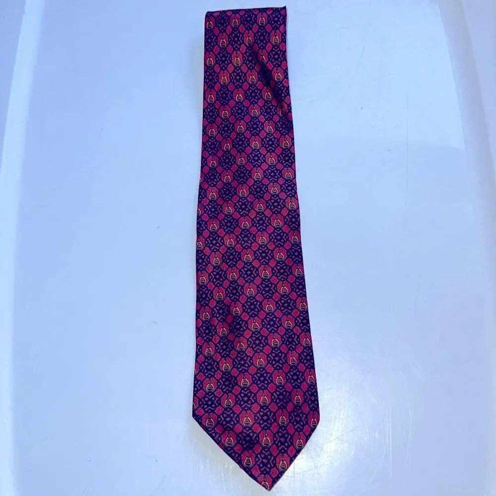 Vtg Setarium Firenze red, navy blue & gold rope & stirrup print Italian silk tie